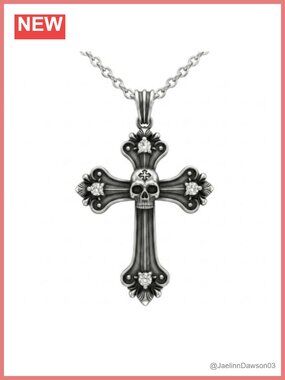 Gothic Skull Cross Necklace 925 Sterling Silver Cubic Zirconia Pendant